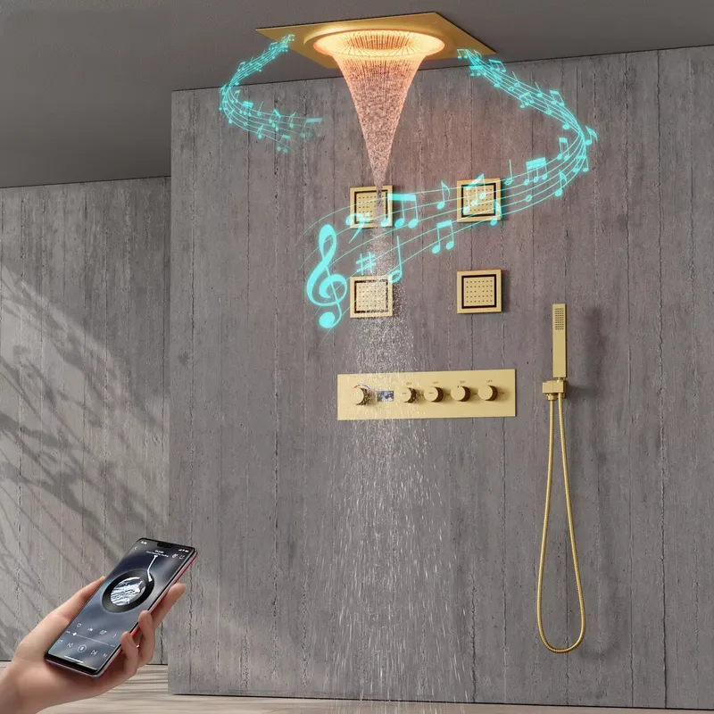 Home In Bathroom - ชุดฝักบัว LED อัจฉริยะ พร้อมระบบเสียงเพลงในห้องน้ำ ฝักบัวแบบฝังผนัง สีดำด้าน