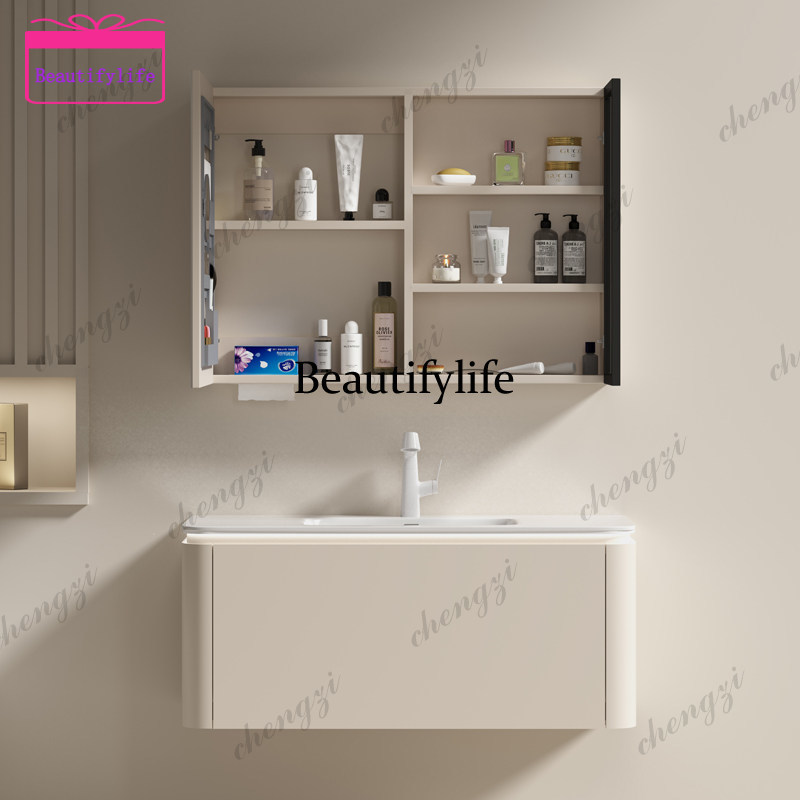 Bathroom Cabinet Mirror - ตู้ห้องน้ำไม้เนื้อแข็งสีเทาครีมรุ่น A17, ตู้กระจกอัจฉริยะ, กระจกทรงกลมพร้อมอ่างเซรามิกในตัว