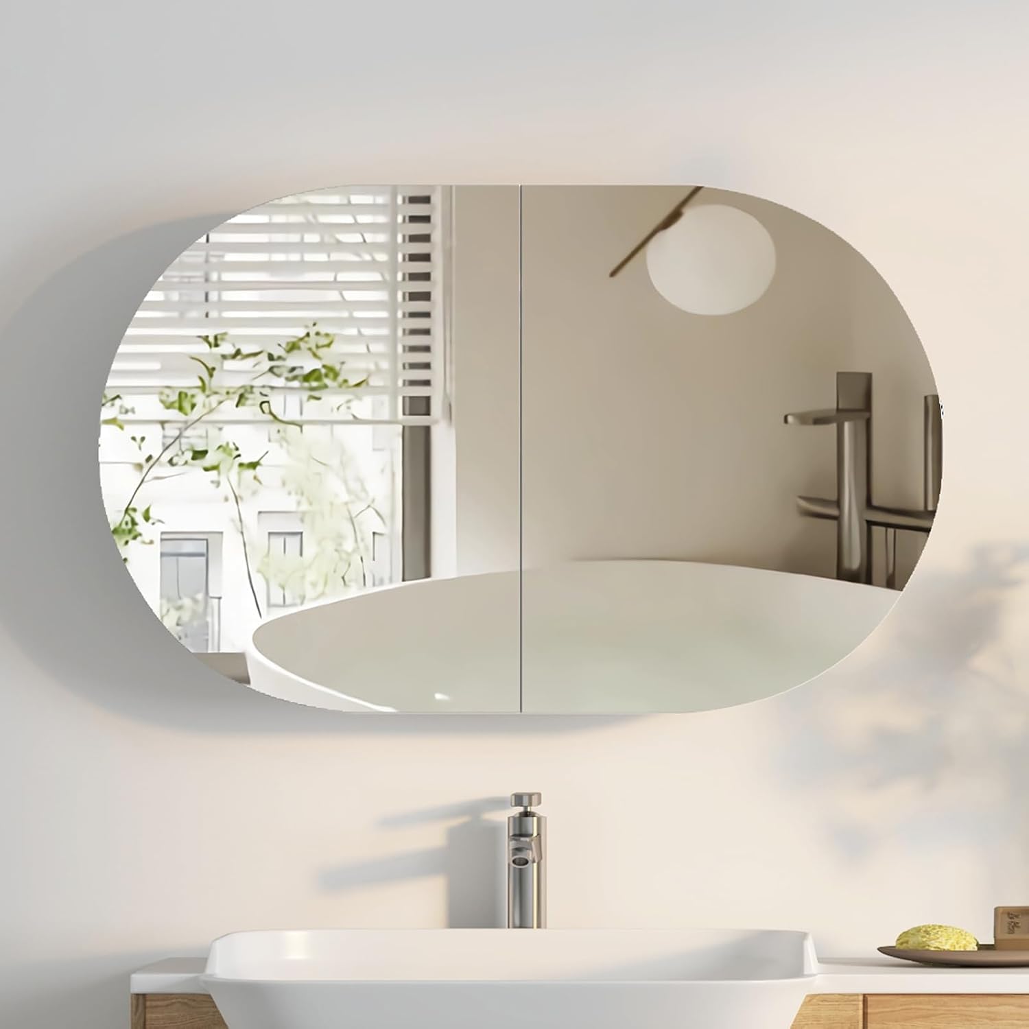 Bathroom Cabinet Mirror - ตู้ยาในห้องน้ำทรงวงรีพร้อมกระจกติดผนัง 3 ช่องเก็บของ 2 บาน ขนาด
