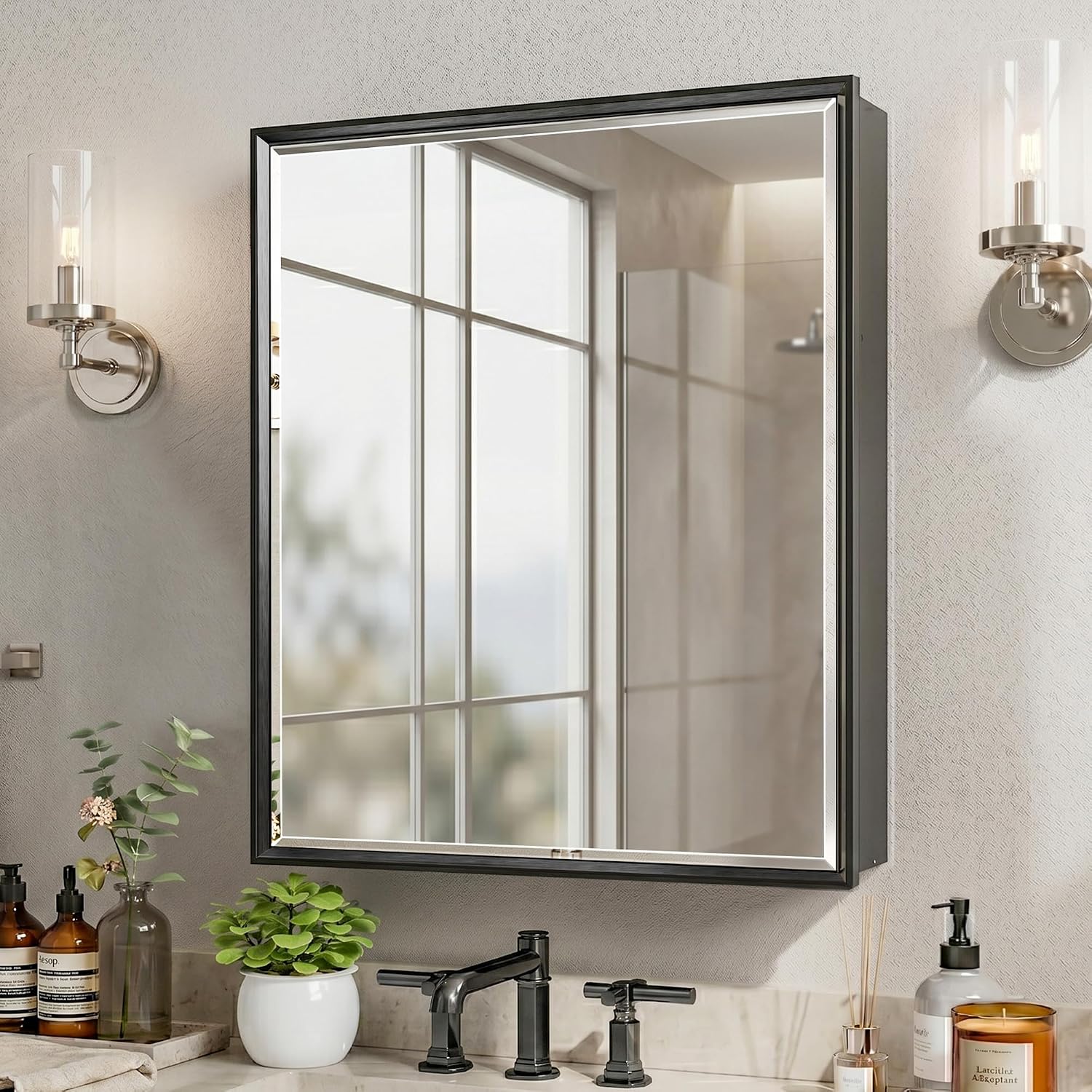 Bathroom Cabinet Mirror - ตู้ยาสีดำพร้อมกระจก ผิวเรียบ โครงอะลูมิเนียมแบบฝัง ตู้เก็บของในห้องน้ำพร้อมชั้นวางปรับระดับได้ สามารถปรับแต่งได้