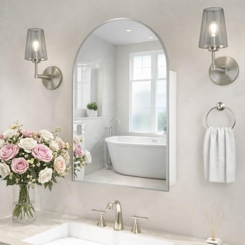 Bathroom Cabinet Mirror - กระจกห้องน้ำทรงโค้งขนาด 24x36 นิ้ว พร้อมตู้เก็บของและที่วางแปรง สีเงินขัดเงา ติดผนัง