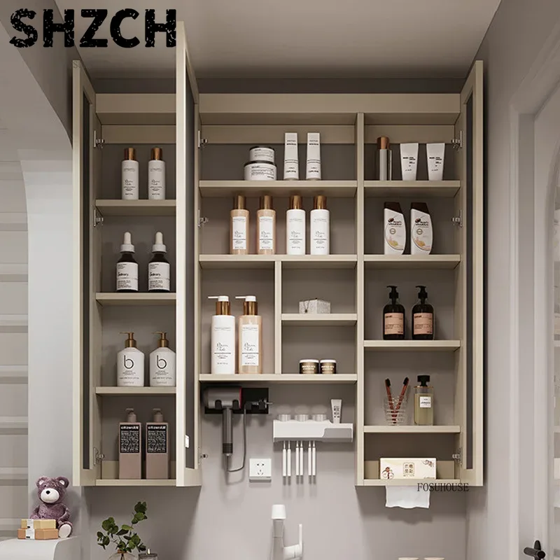 Bathroom Cabinet Mirror - กระจกห้องน้ำแบบหนาทันสมัยพร้อมตู้เก็บของอัจฉริยะในตัว ดีไซน์โต๊ะเครื่องแป้งไม้สุดหรู สะดวกสบายสำหรับใช้ในบ้าน