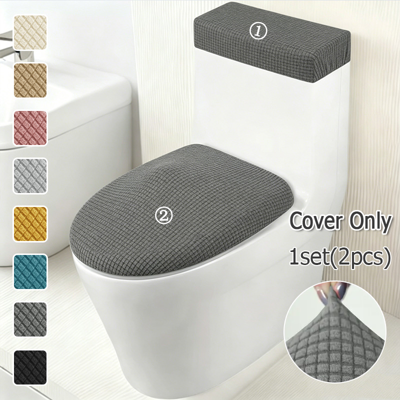 Home Bathroom With Two Toilets - ชุดคลุมฝาชักโครกและฝาถังชักโครกแบบยืดได้ 2 ชิ้น/ชุด ผ้าฟลีซบาง ป้องกันฝุ่น สำหรับใช้ในบ้าน