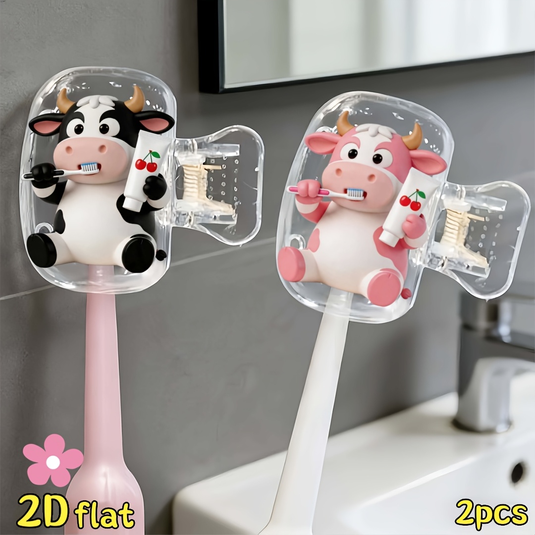 Home Essentials Bathroom Organizer - ที่ใส่แปรงสีฟันรูปวัว 2 ชิ้น สำหรับจัดเก็บในบ้านและเดินทาง พร้อมฝาปิดใส เหมาะสำหรับห้องน้ำ