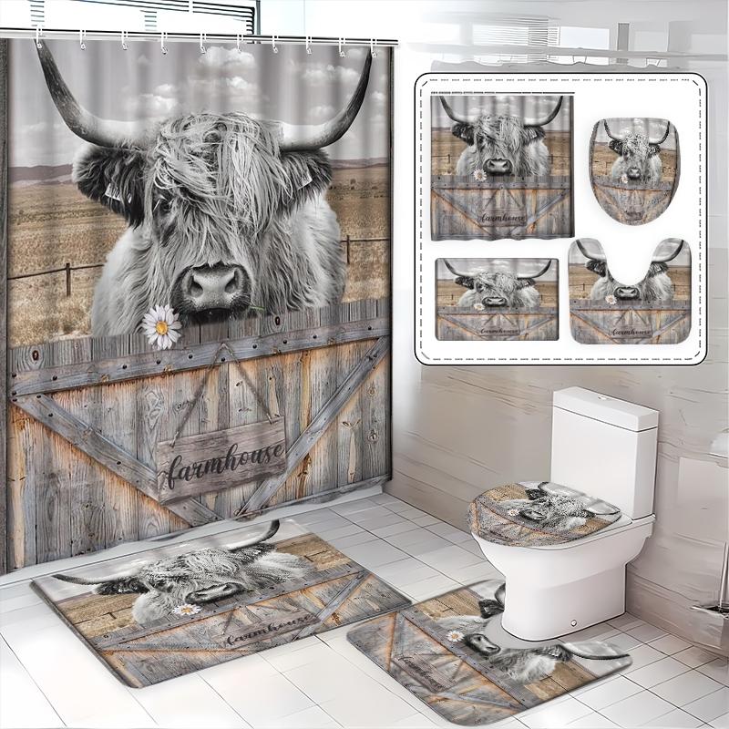 Home Bathroom With Two Toilets - ชุดผ้าม่านห้องน้ำลายวัวไฮแลนด์สก็อตแลนด์สุดสร้างสรรค์ 1/3/4 ชิ้น พร้อมลวดลายสไตล์ชนบท ขนฟู และเขาใหญ่
