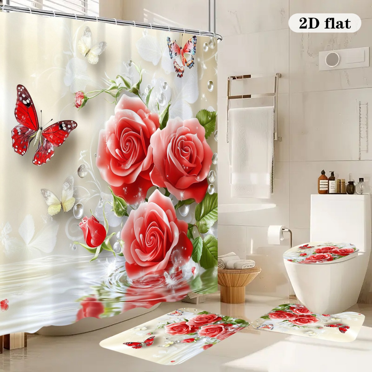 Home Bathroom With Two Toilets - ชุดตกแต่งห้องน้ำ 2D Flat 4 ชิ้น, ม่านอาบน้ำลายดอกกุหลาบและผีเสื้อพร้อมพรมกันลื่นดูดซับน้ำและฝาปิดโถสุขภัณฑ์