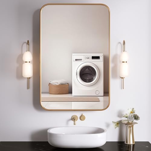 Bathroom Cabinet Mirror - ตู้ยาในห้องน้ำแบบโมเดิร์นขนาด 24x35 พร้อมกระจกและที่เก็บของ สีทอง | กระจกนิรภัยติดตั้งง่าย