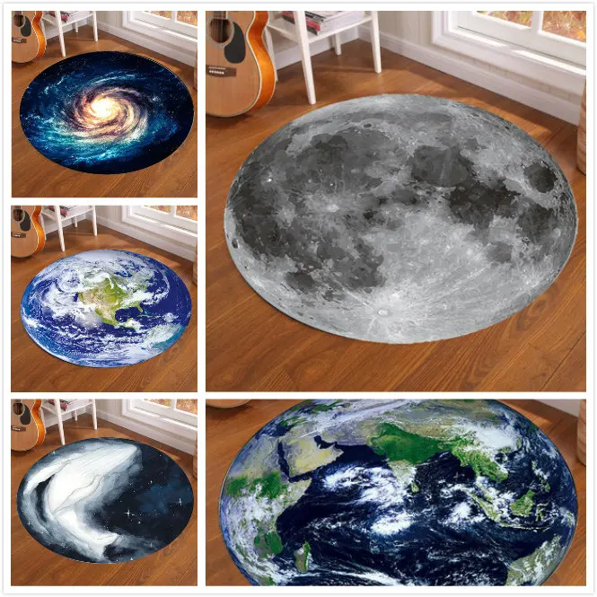 Home Bathroom Carpet - Galaxy Earth Moon พรมกลมสําหรับห้องเด็กพรมพรมตกแต่งบ้านห้องนั่งเล่น Anti-SLIP ห้องนอนพรมพรม