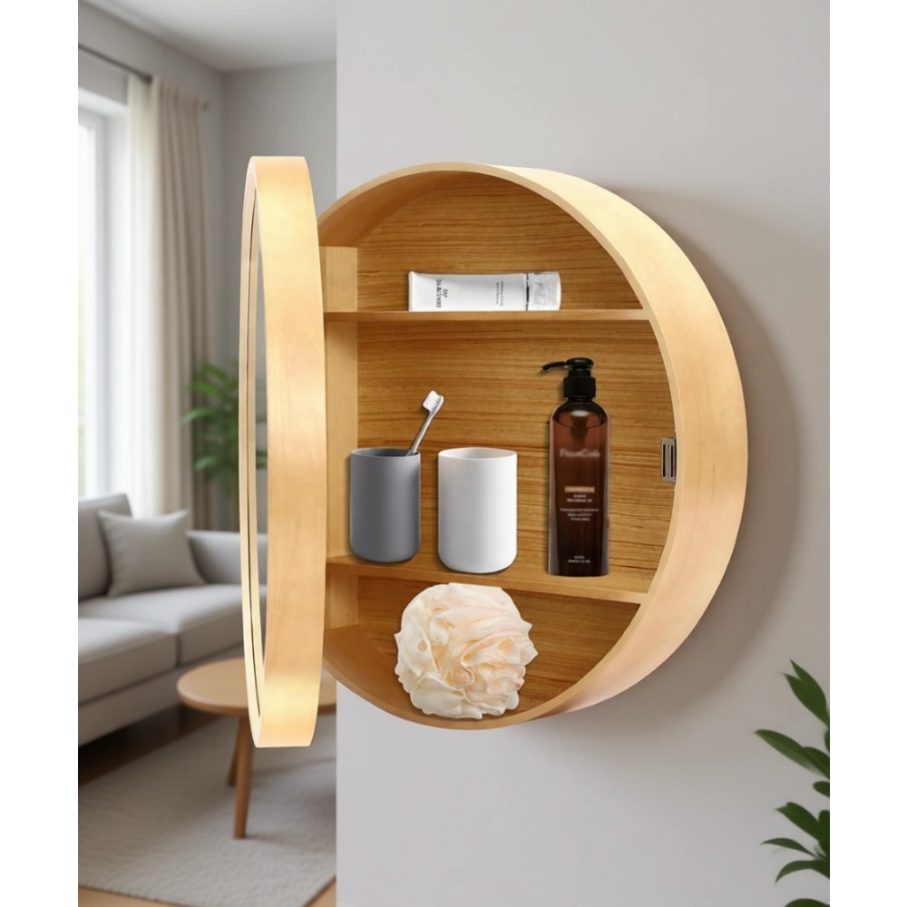 Bathroom Cabinet Mirror - ตู้กระจกติดผนังไม้แบบสองฟังก์ชันพร้อมชั้นเก็บของ 3 ชั้นสำหรับของใช้ในห้องน้ำ