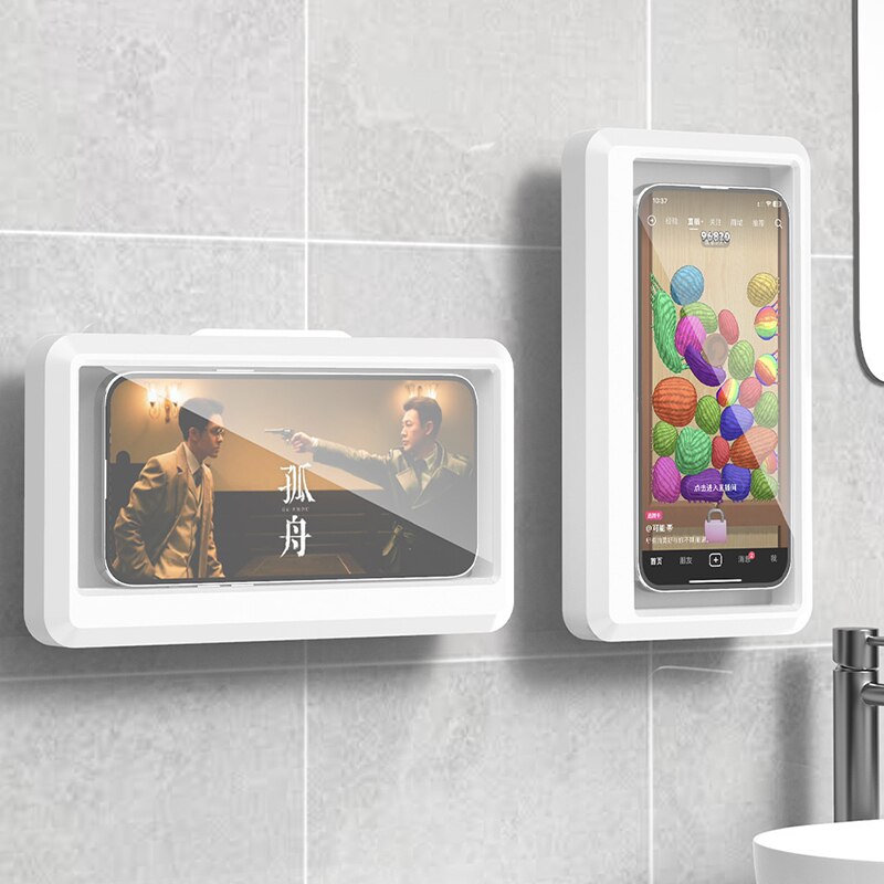 Home In Bathroom - ที่วางโทรศัพท์กันน้ำในห้องน้ำ กล่องใส่โทรศัพท์ติดผนังแบบมีกาวในตัว ที่วางโทรศัพท์แบบสัมผัสหน้าจอสำหรับอาบน้ำ พร้อมระบบปิดผนึกกันน้ำ