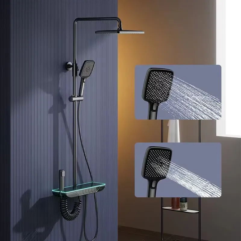 Home In Bathroom - ชุดฝักบัวดิจิตอลอัจฉริยะแบบเทอร์โมสตัท วัสดุทองเหลือง ดีไซน์ปุ่มเปียโน ก๊อกน้ำห้องน้ำแบบก้านโยกเดี่ยว ชุดอุปกรณ์ผสมน้ำฝักบัวแบบเรนชาวเวอร์ สำหรับโรงแรมและบ้าน